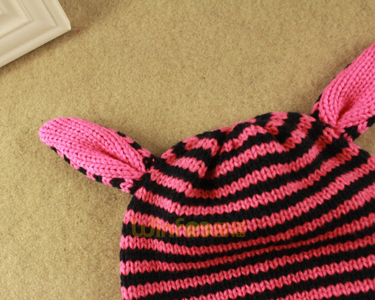 儿童粉红条纹可爱耳朵针织帽定做