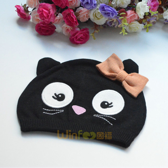 儿童黑色可爱猫咪蝴蝶结毛线针织套头帽 绣花定做