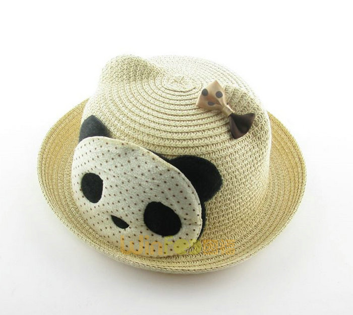 儿童春夏卡通熊猫蝴蝶结贴布绣沙滩遮阳定型草帽定做