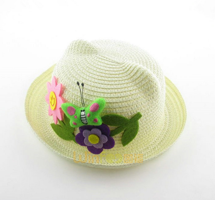 纯色蝴蝶花朵贴布绣沙滩遮阳草帽定做