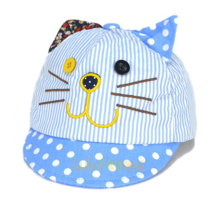 儿童 婴儿可爱小猫咪条纹绣花 印花 点点鸭舌帽定做