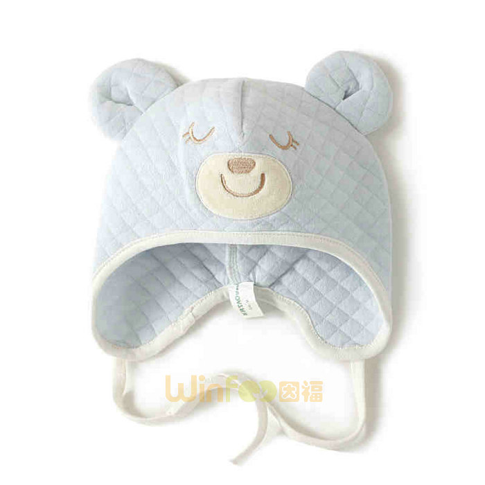 可爱格子绣花小熊婴儿 儿童套头帽广州加工定做 小清新款
