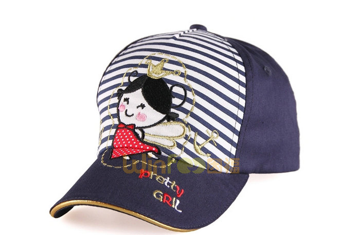 小女孩绣花条纹五页棒球帽广州生产订制订做 儿童帽子
